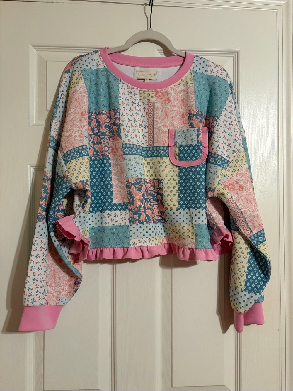 Simply Southern Patchwork Ruffle Hem Pajama Top - Pink, Teal, Yellow